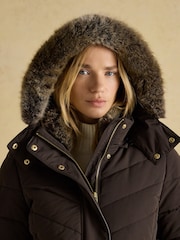 Joules Aspen Brown Showerproof Padded Coat with Faux Fur Hood - Image 4 of 12