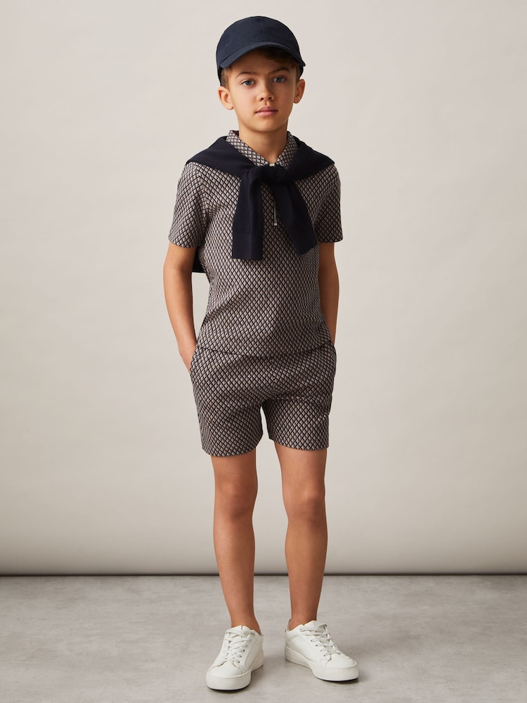 Reiss Navy/Tobacco Brown Ernie 3-9 yrs Cotton Blend Geometric Jacquard Shorts - Image 1 of 4