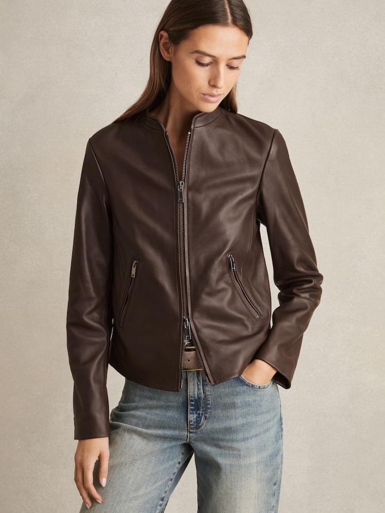 Reiss Chocolate Brown Allie Leather Collarless Biker Jacket - Image 1 of 6