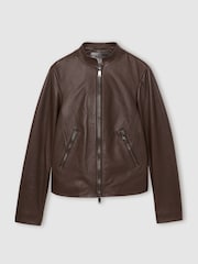 Reiss Chocolate Brown Allie Leather Collarless Biker Jacket - Image 2 of 6