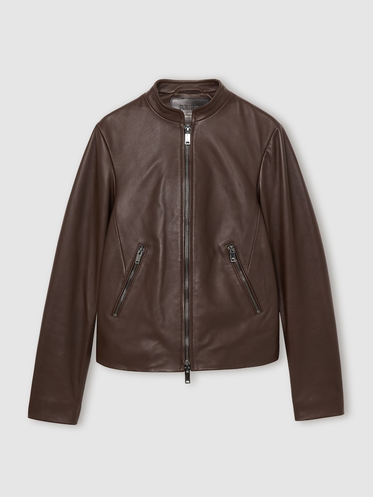 Reiss Chocolate Brown Allie Leather Collarless Biker Jacket - Image 2 of 6