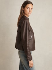 Reiss Chocolate Brown Allie Leather Collarless Biker Jacket - Image 3 of 6