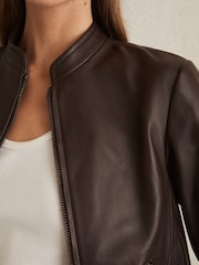 Reiss Chocolate Brown Allie Leather Collarless Biker Jacket - Image 4 of 6
