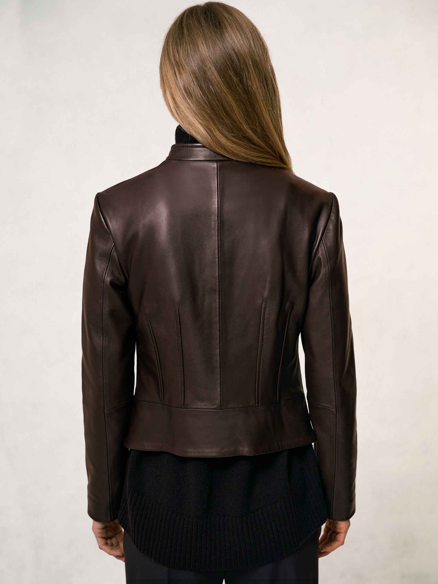 Buy Reiss Chocolate Brown Allie Leather Collarless Biker Jacket