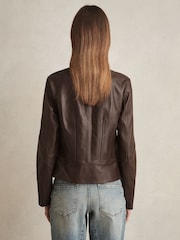 Reiss Chocolate Brown Allie Leather Collarless Biker Jacket - Image 5 of 6