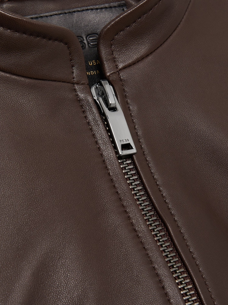 Reiss Chocolate Brown Allie Leather Collarless Biker Jacket - Image 6 of 6