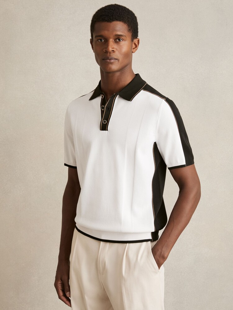 Reiss Optic White/Green Pentel Colour-Block Knit Polo Shirt - Image 1 of 6