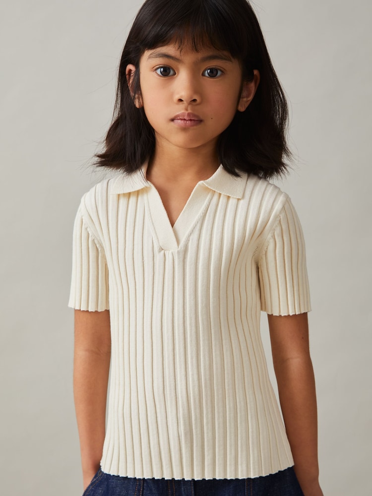 Reiss Ivory Poppy 9-13 yrs Rib Knit Polo Top - Image 1 of 4