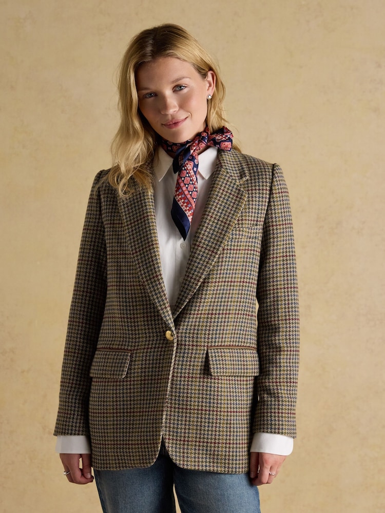 Joules Hackmore Grey Check Relaxed Fit Tweed Blazer - Image 1 of 12 Joules Hackmore Grey Check Relaxed Fit Tweed Blazer - Image 1 of 12
