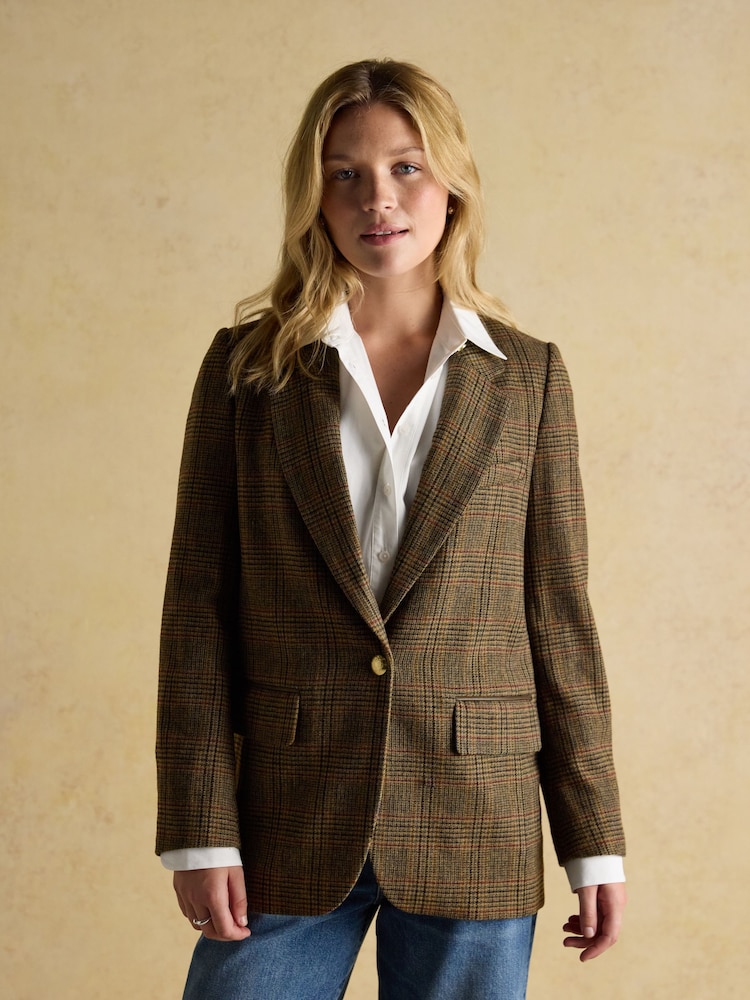 Joules Hackmore Brown Check Relaxed Fit Tweed Blazer - Image 1 of 12 Joules Hackmore Brown Check Relaxed Fit Tweed Blazer - Image 1 of 12