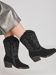 Simply Be Black Wide Fit Laser Pattern Mid Calf Western Boots - Image 1 of 4