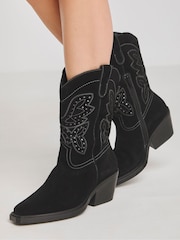 Simply Be Black Wide Fit Laser Pattern Mid Calf Western Boots - Image 2 of 4