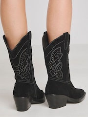 Simply Be Black Wide Fit Laser Pattern Mid Calf Western Boots - Image 3 of 4