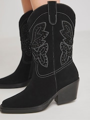 Simply Be Black Wide Fit Laser Pattern Mid Calf Western Boots - Image 4 of 4