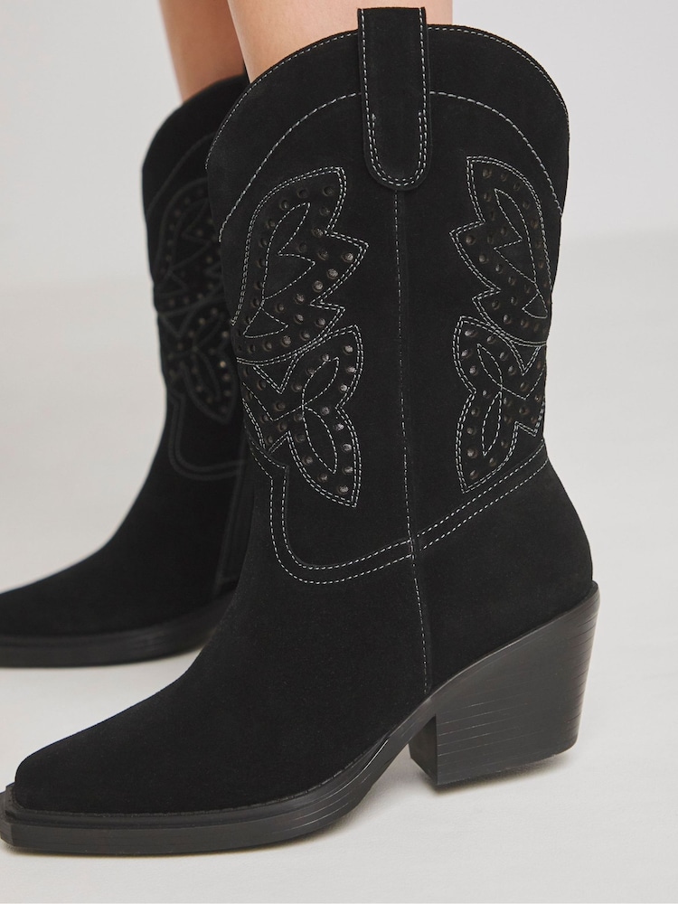 Simply Be Black Wide Fit Laser Pattern Mid Calf Western Boots - Image 4 of 4