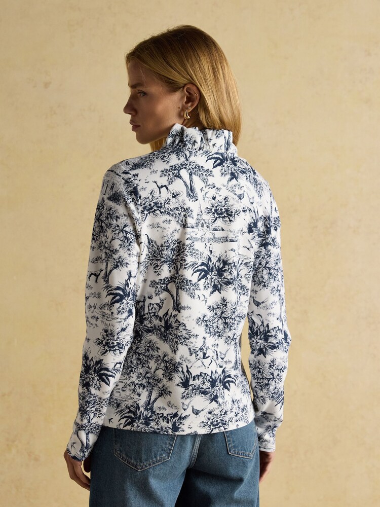 Joules Heidi Cream/Navy Toile de Jouy Frill Neck Jersey Fitted Top - Image 1 of 8 Joules Heidi Cream/Navy Toile de Jouy Frill Neck Jersey Fitted Top - Image 1 of 8