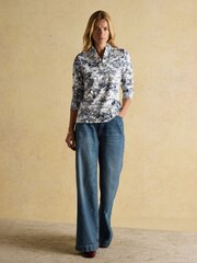 Joules Heidi Cream/Navy Toile de Jouy Frill Neck Jersey Fitted Top - Image 3 of 8