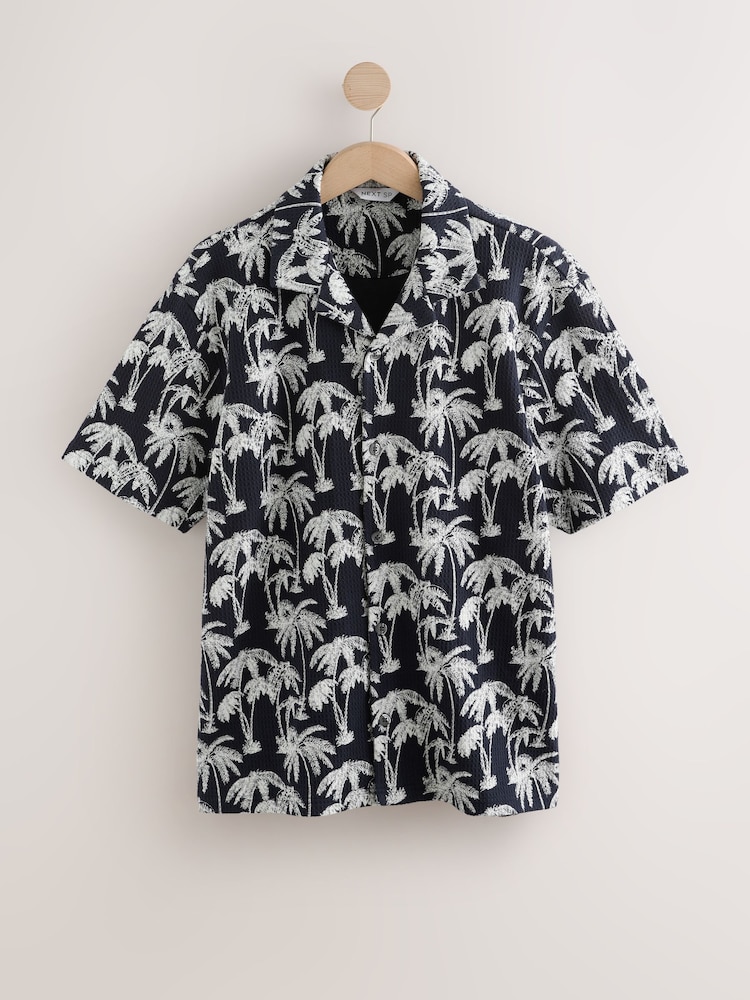 Navy Palm Button Through 100% Cotton Polo Shirt - Image 1 of 3