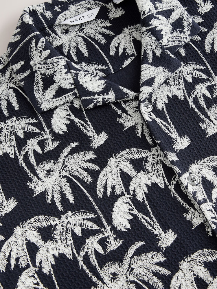 Navy Palm Button Through 100% Cotton Polo Shirt - Image 3 of 3