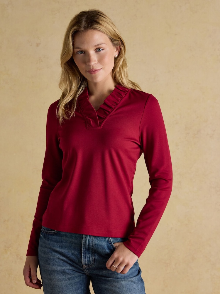 Joules Heidi Red Frill Neck Jersey Fitted Top - Image 1 of 6 Joules Heidi Red Frill Neck Jersey Fitted Top - Image 1 of 6