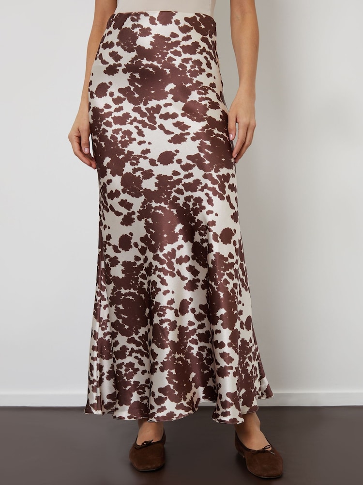Threadbare Cow Print Maxi Satin Slip Skirt - Image 2 of 4