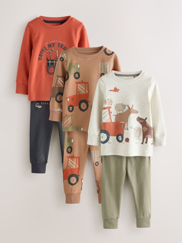 Brown/Orange Mini Snuggle Pyjamas 3 Pack (9mths-10yrs) - Image 1 of 7 Brown/Orange Mini Snuggle Pyjamas 3 Pack (9mths-10yrs) - Image 1 of 7