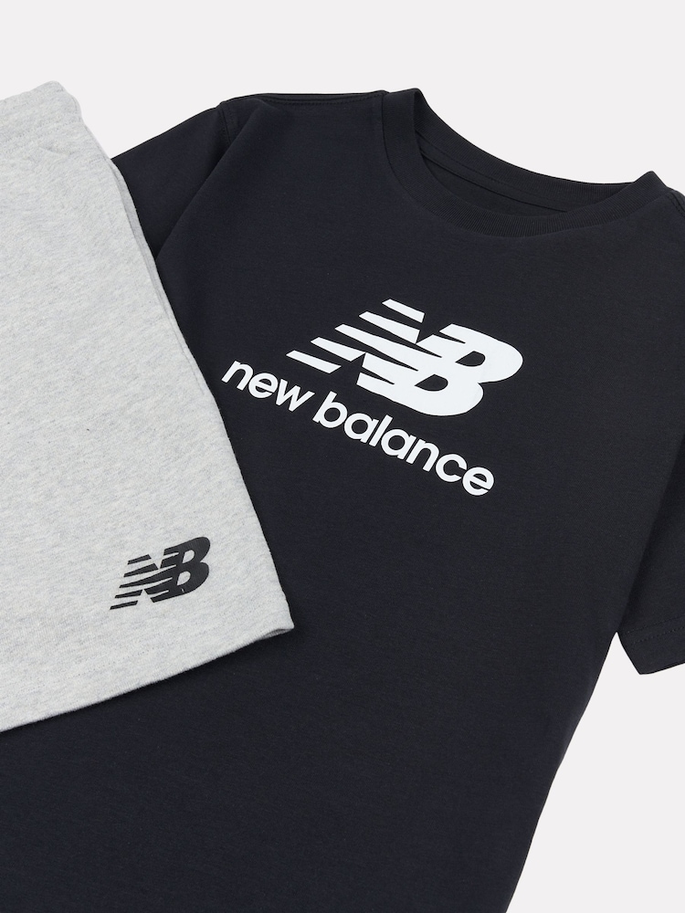New Balance Black Kids Stacked Logo T-Shirt and Shorts Set - Image 3 of 5