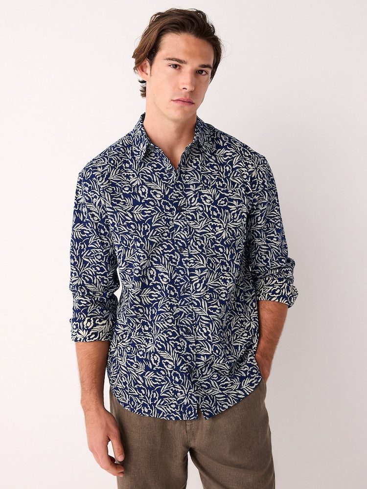 Blue Textured Printed Long Sleeve 100% Cotton Shirt - Image 1 of 7