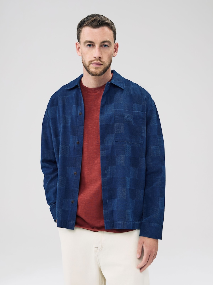 Indigo Blue Patchwork Long Sleeve 100% Cotton Shirt - Image 1 of 8 Indigo Blue Patchwork Long Sleeve 100% Cotton Shirt - Image 1 of 8