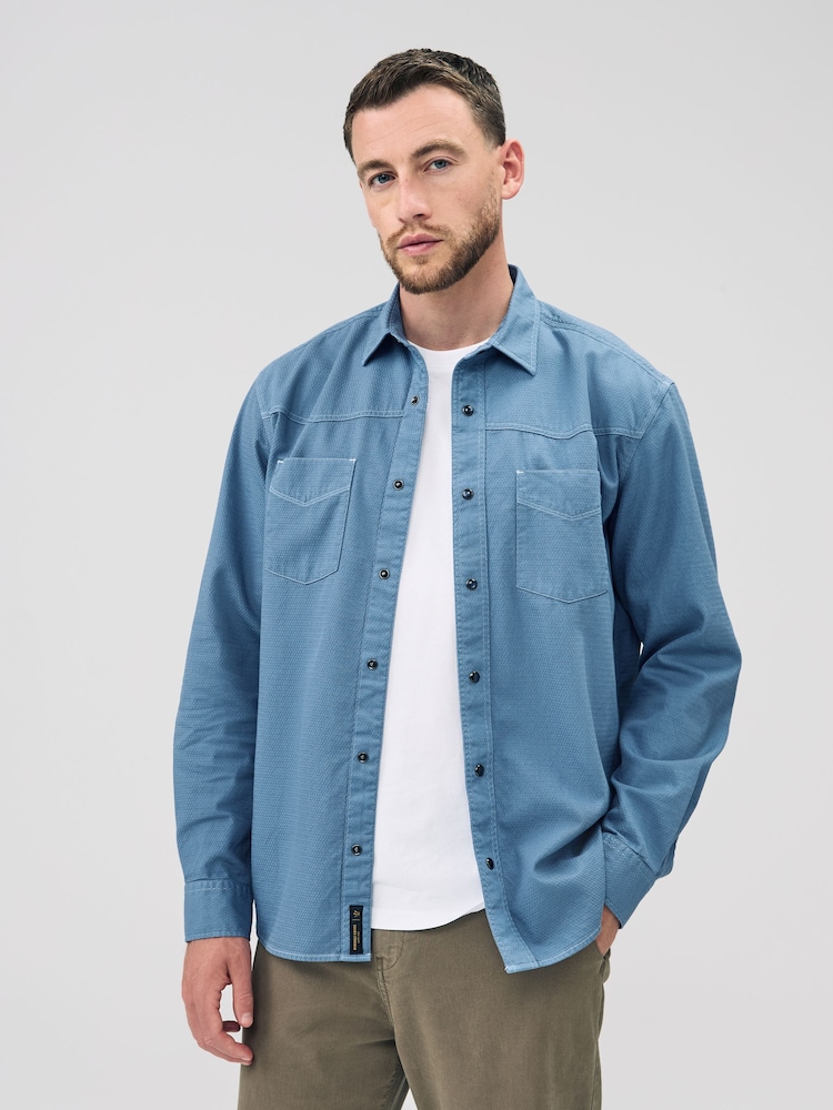 Azul - Camisa de manga curta estilo western com dois bolsos - Imagem 1 de 8