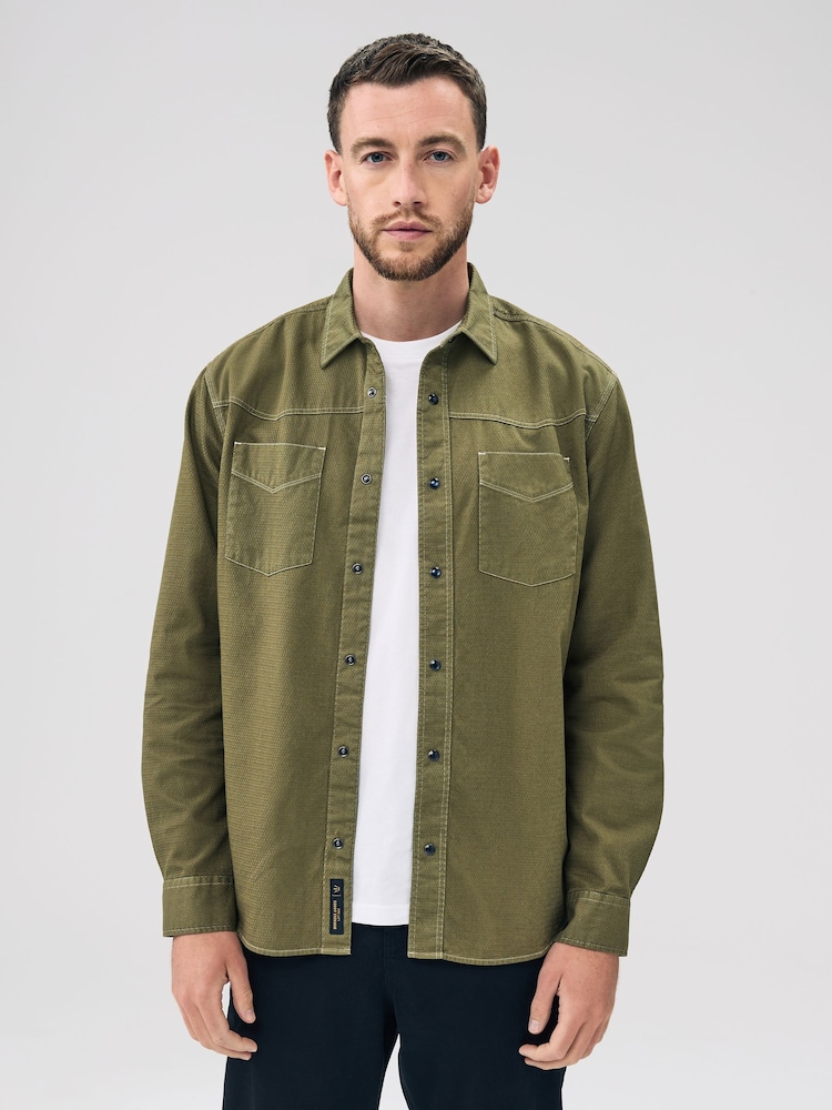 Verde cáqui - Camisa de manga curta estilo western com dois bolsos - Imagem 1 de 5