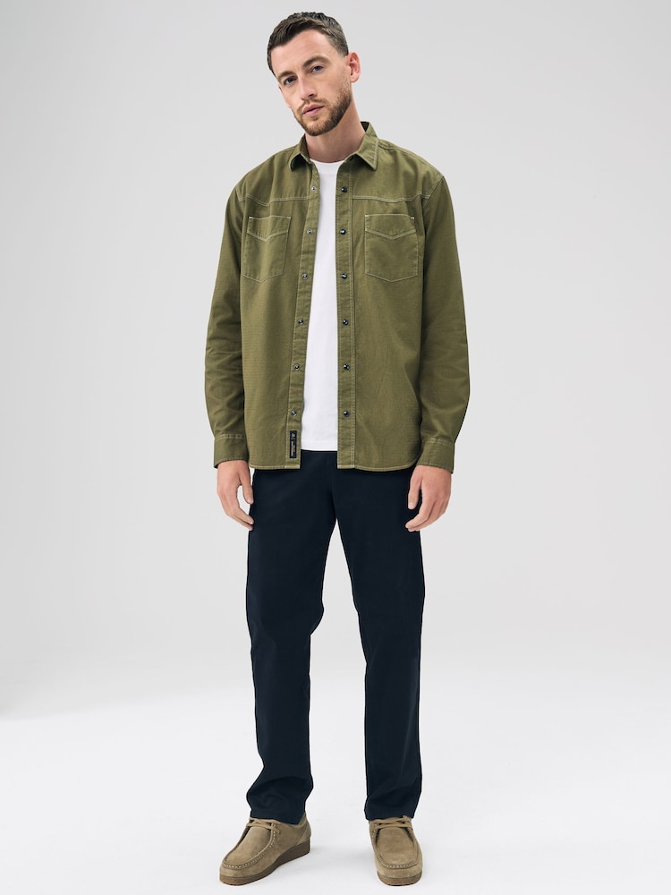 Verde cáqui - Camisa de manga curta estilo western com dois bolsos - Imagem 2 de 5
