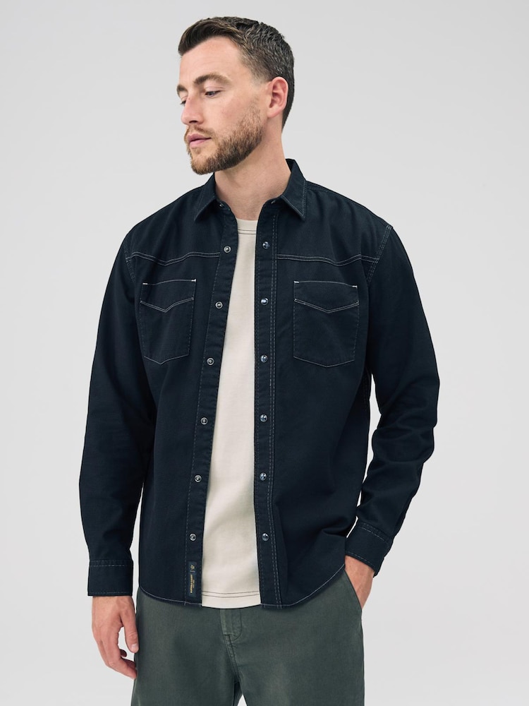 Preto - Camisa de manga curta estilo western com dois bolsos - Imagem 1 de 5