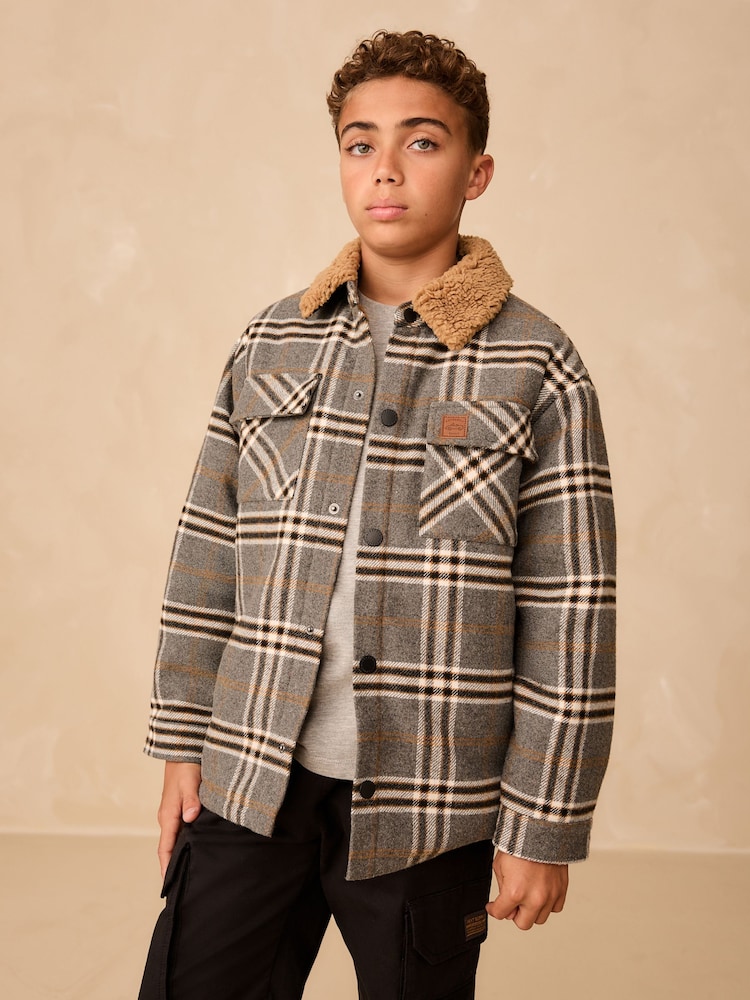 Grey Check Borg Collar Lined Shacket (3-16yrs) - Image 1 of 9