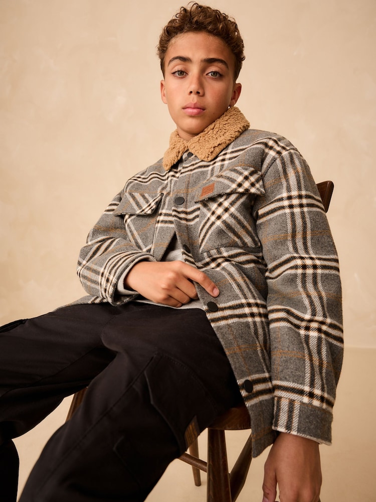 Grey Check Borg Collar Lined Shacket (3-16yrs) - Image 2 of 9