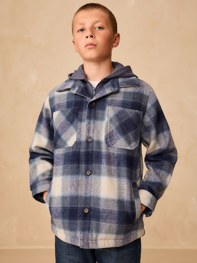Navy Blue Borg Lined Hooded Check Shacket (3-16yrs) - Image 1 of 10