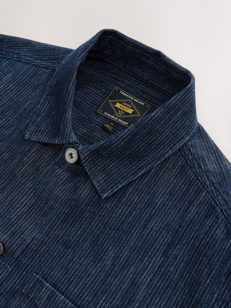 Indigo Blue 100% Cotton Stripe Chore Shacket Overshirt - Image 9 of 9