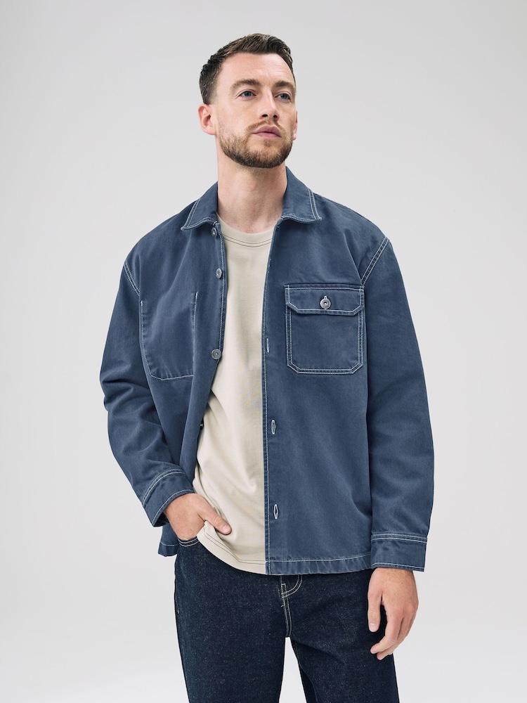 Navy Blue Canvas Shacket Overshirt - Image 1 of 8 Navy Blue Canvas Shacket Overshirt - Image 1 of 8