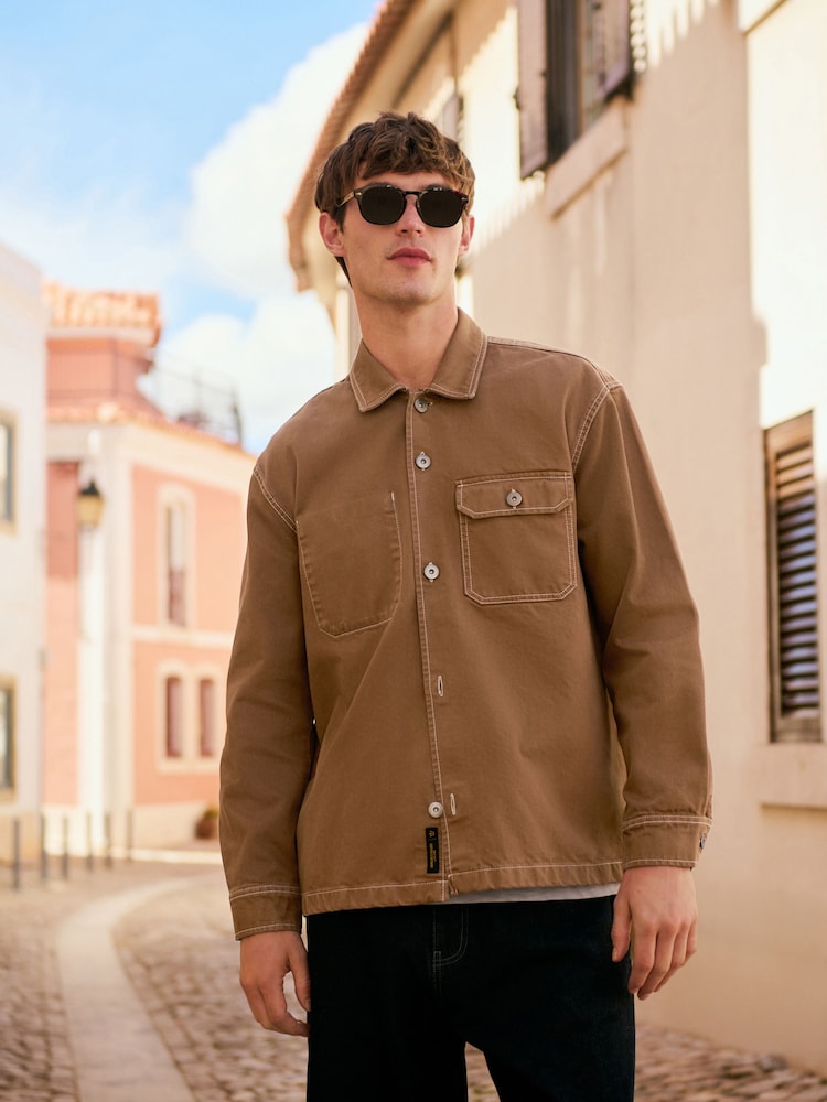 Camel Brown Canvas Shacket Overshirt - Image 1 of 8 Camel Brown Canvas Shacket Overshirt - Image 1 of 8