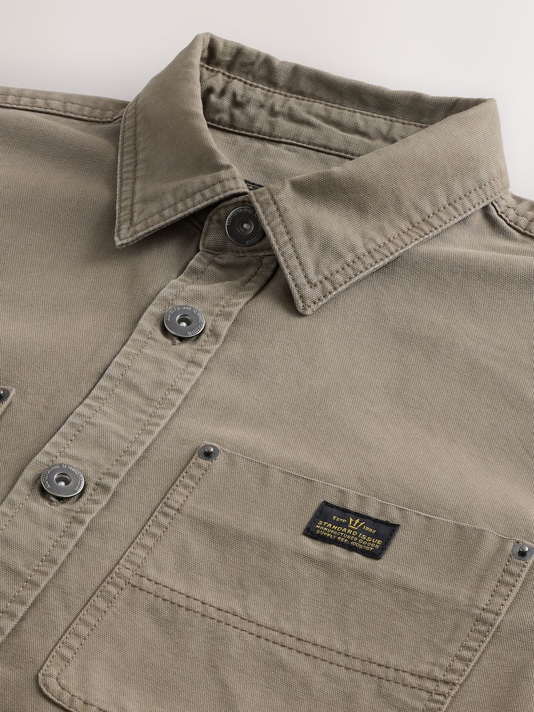 Khaki Green Twin Pocket Canvas Shacket Overshirt - Image 8 of 8