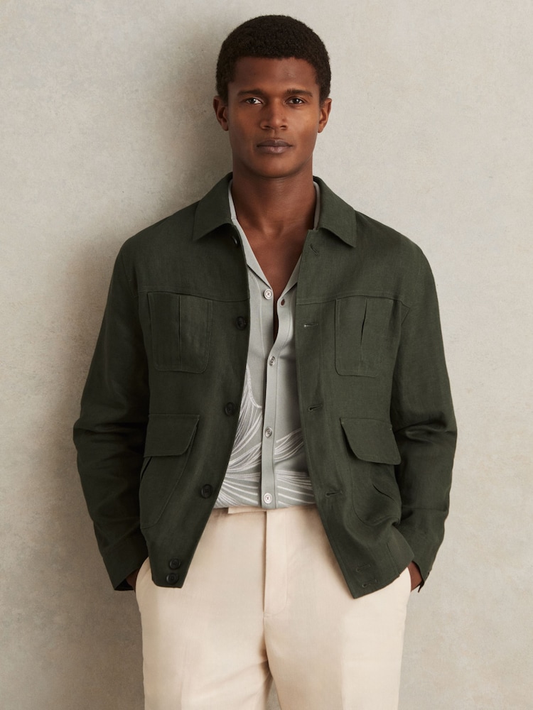 Reiss Khaki Green Adam Linen Four-Pocket Jacket - Image 3 of 7