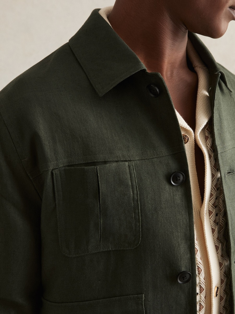 Reiss Khaki Green Adam Linen Four-Pocket Jacket - Image 4 of 7