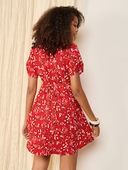 Friends Like These Red Floral Textured Button Through V-Neck Mini Dress - Image 5 of 5