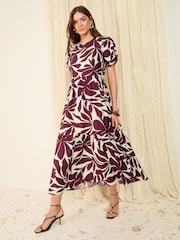 Friends Like These Berry Red Puff Sleeve Tiered Hem Midi Dress - Image 1 of 5