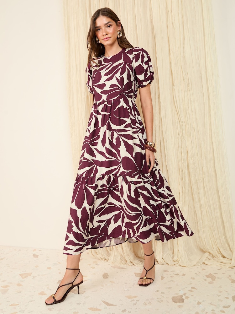 Friends Like These Berry Red Puff Sleeve Tiered Hem Midi Dress - Image 1 of 5