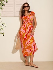 Friends Like These Orange Off The Shoulder Shirred Waist Midi Dress - Image 1 of 4