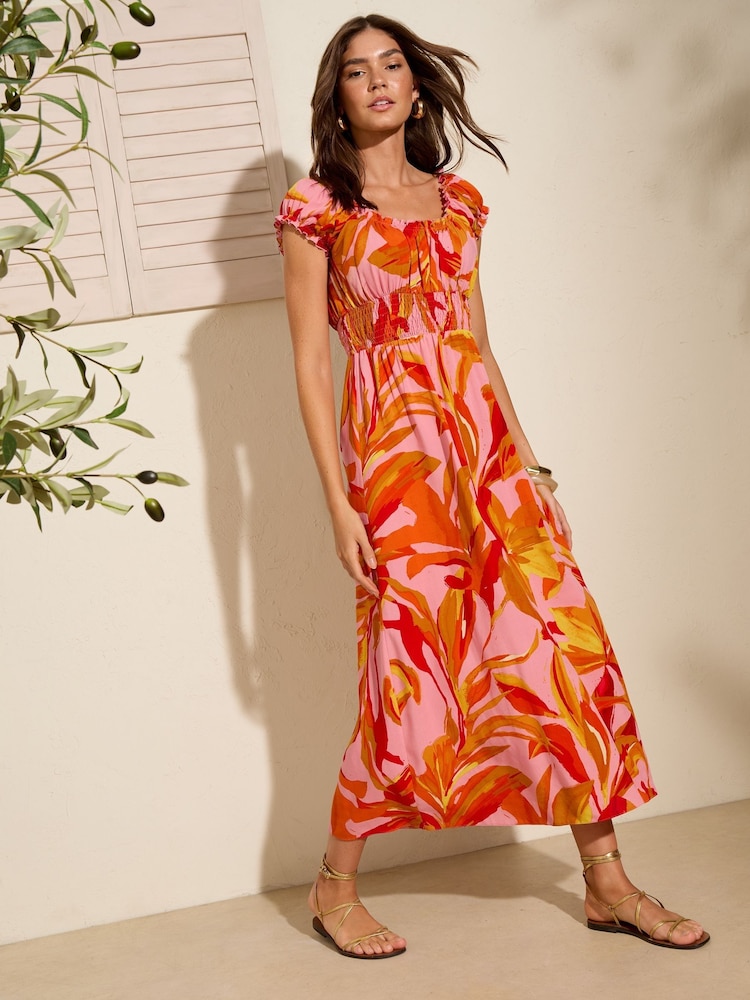 Friends Like These Orange Off The Shoulder Shirred Waist Midi Dress - Image 3 of 4