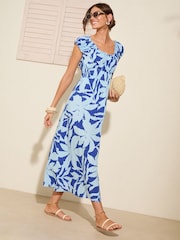 Friends Like These Blue Off The Shoulder Shirred Waist Midi Dress - Image 1 of 5