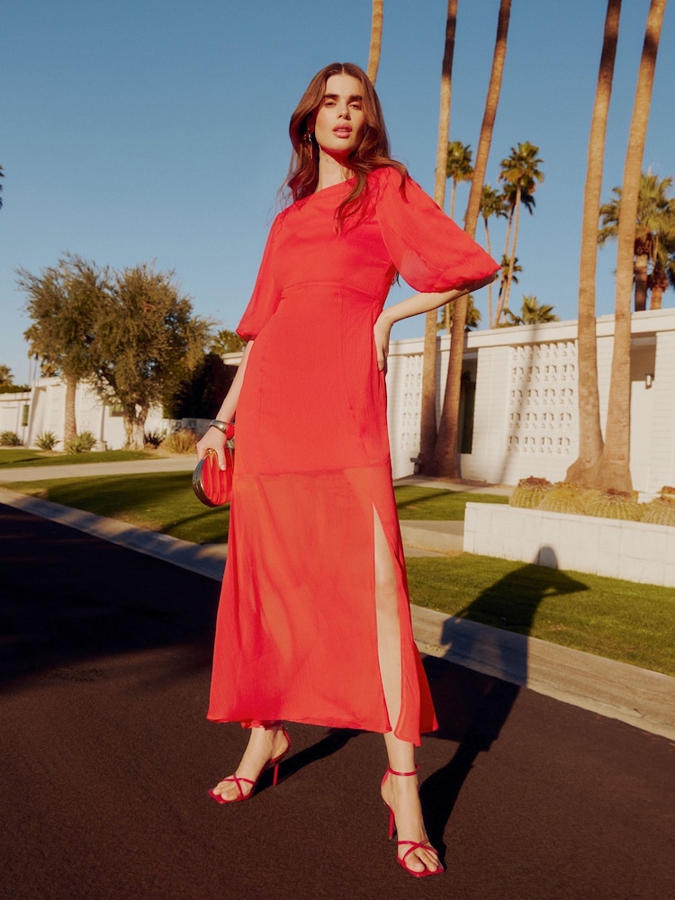 Friends Like These Red Short Puff Sleeve Chiffon Maxi Dress - Image 1 of 5