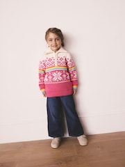 Little Bird by Jools Oliver Pink Kids Bright Fairisle Quarter Zip Knitted Family Christmas Jumper - Image 1 of 15